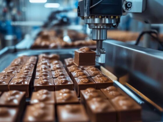 Línea de producción automatizada en una fábrica de alimentos, donde un brazo robótico coloca piezas de chocolate sobre una cinta transportadora. La escena refleja el uso de tecnología avanzada en la industria alimentaria. AI in the Food Industry