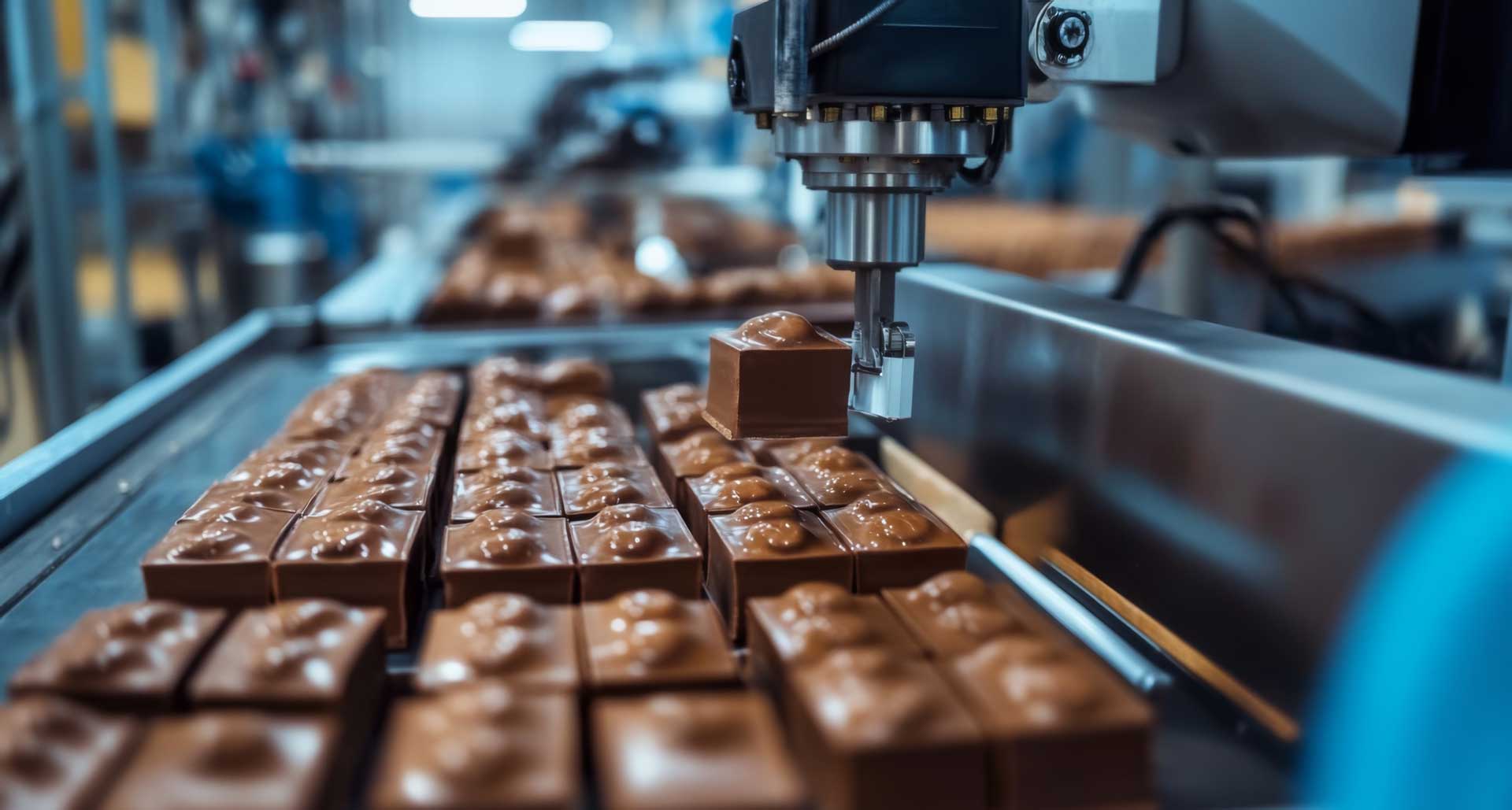 Línea de producción automatizada en una fábrica de alimentos, donde un brazo robótico coloca piezas de chocolate sobre una cinta transportadora. La escena refleja el uso de tecnología avanzada en la industria alimentaria. AI in the Food Industry